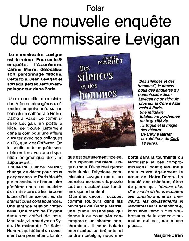 Carine Marret Des silences et des hommes commissaire Jean Levigan livre roman policier polar Paris 36 Quai des Orfèvres Notre-Dame